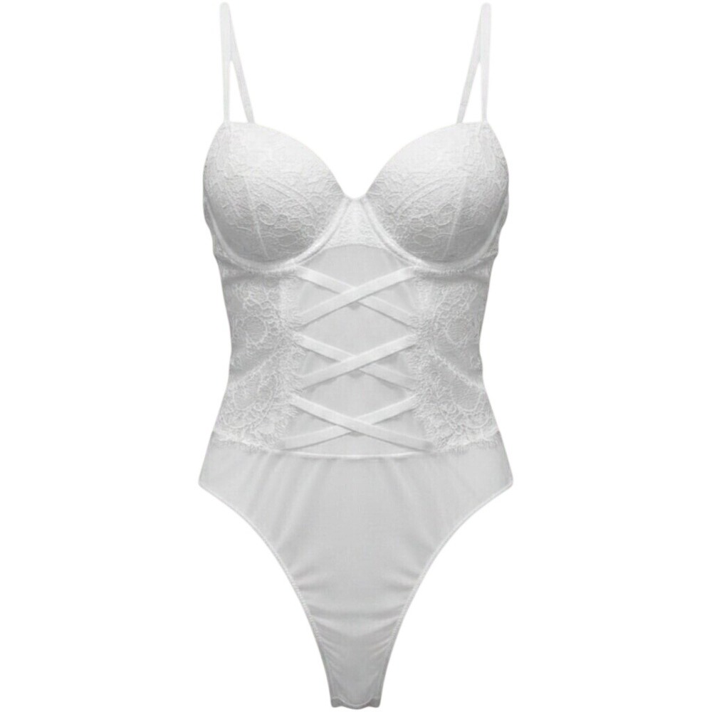Fashion Wildcat White Lace Bodysuit Lingerie Underwire Ribbon T1089 Lg NEW (150)